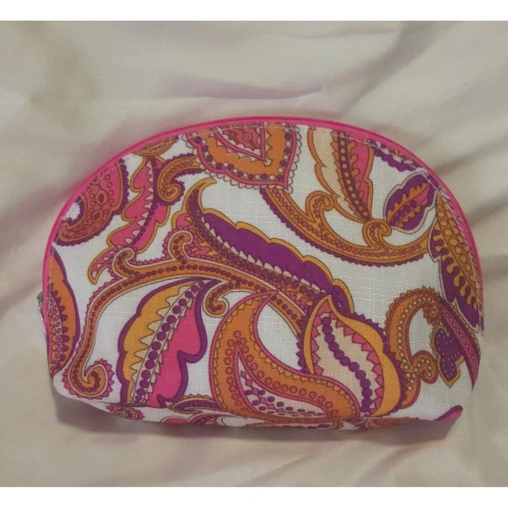 Clinique Pink Orange Paisley Dome Makeup Bag Cosmetic Pouch Travel Case Zipper